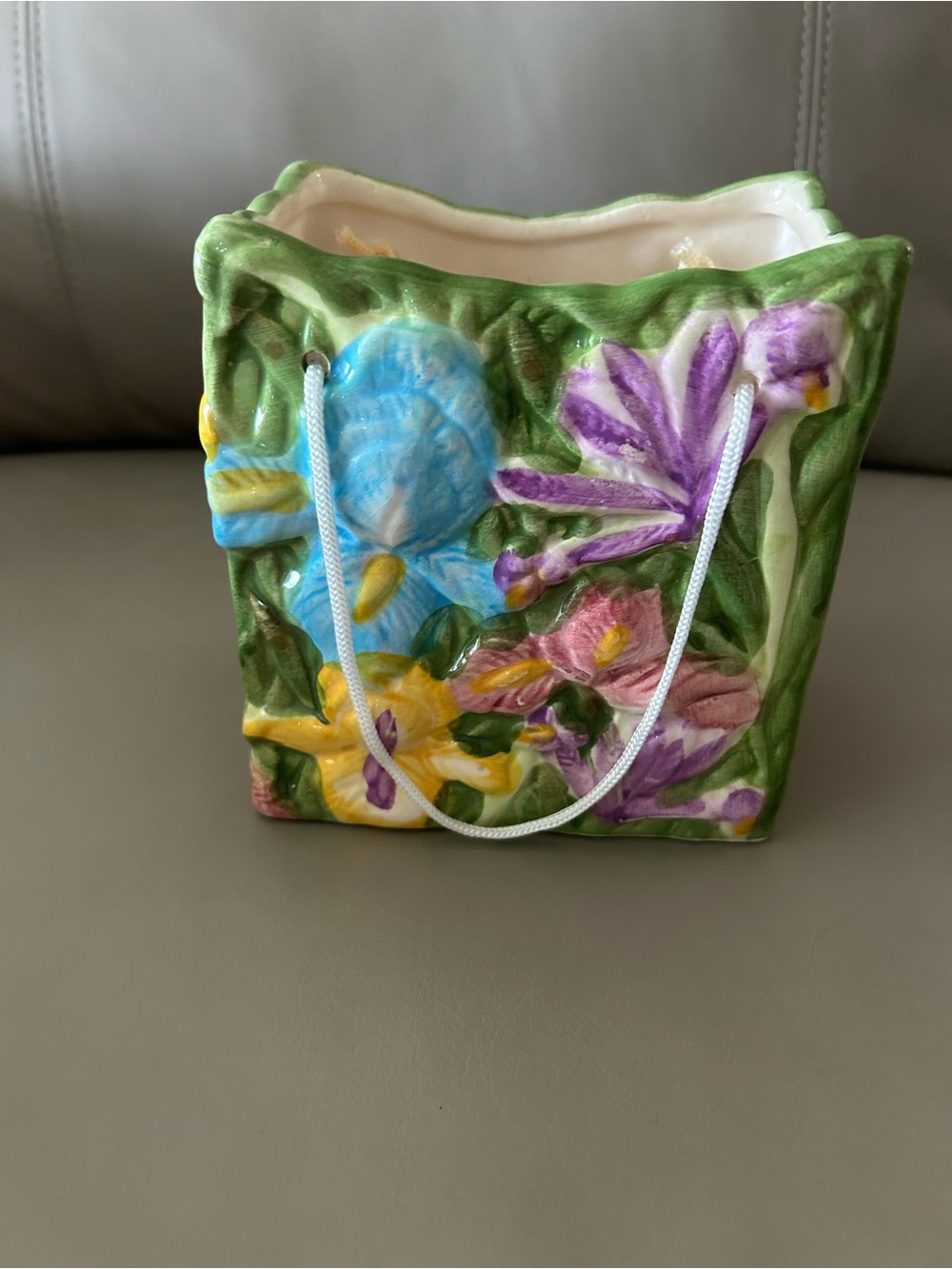 Floral Ceramic Tote-Style Accent Bag in Green
